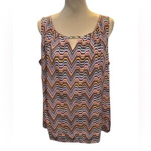 Dana Buchman Women’s Blouse Multicolor Chevron Pattern Sleeveless Gold Accent XL